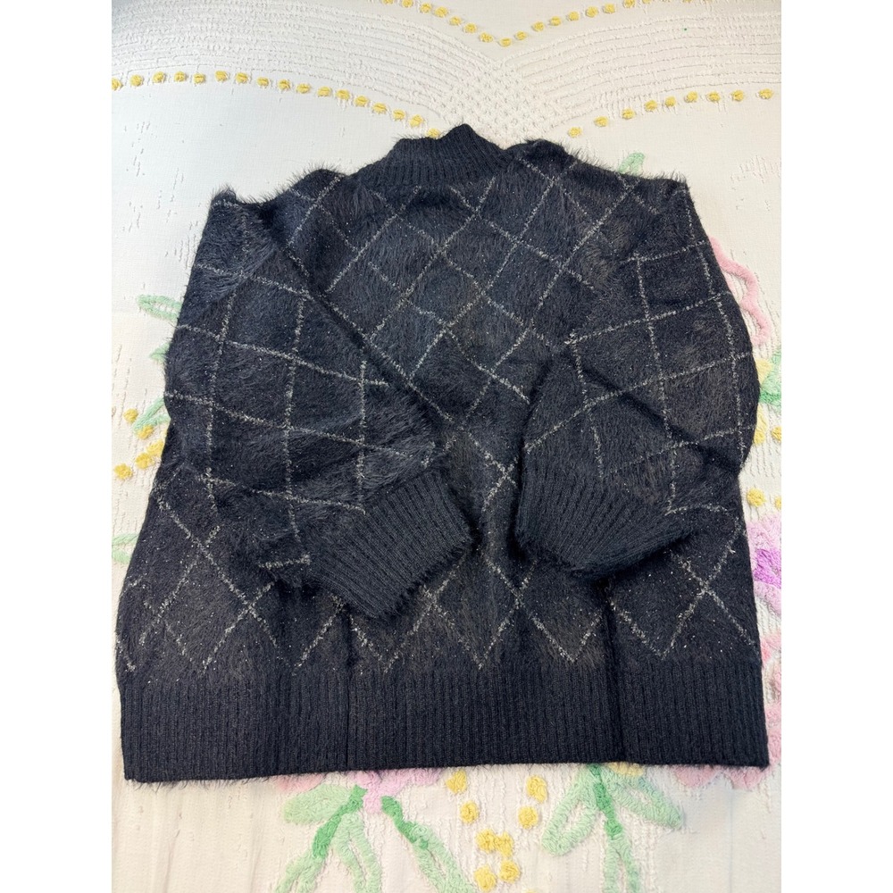 Diane Gilman DG2 Black Argyle Eyelash Knit Shimmer Cardigan Sweater XL NEW - Picture 7 of 8